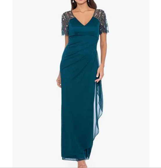 plus size beaded flutter sleeve dress Adrianna Papell Plus Size Beaded Blouson Dress - Navy Rose Gold